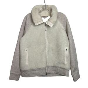 Athleta Tugga Medium Sherpa White Gray Cream Full Zip Sweatshirt Jacket Swacket